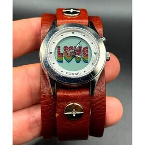 Fossil Big Tic JR8260 Love Rainbow Heart Animated Y2K Leather Vintage Watch